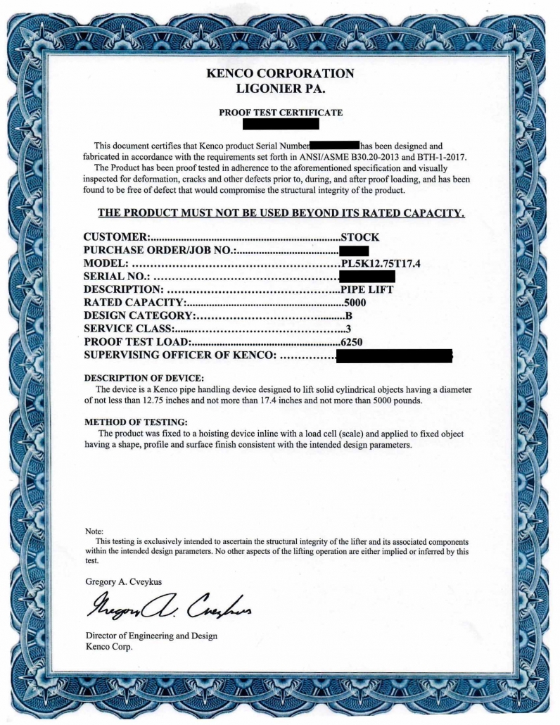 Proof Test Certificate from Kenco