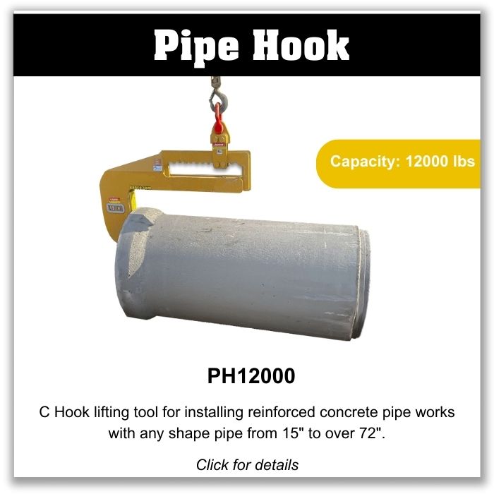 yellow pipe lifting tool picking up concrete pipe