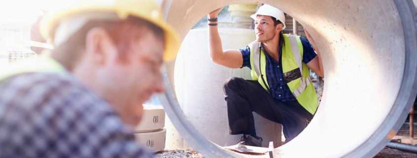 A large concrete pipe. A worker in protective gear is visible through the pipe, inspecting the structure.