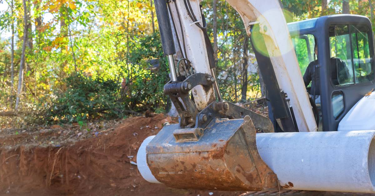 A worker in the operator's cab of a tractor using the clamps to lift a large concrete pipe and place it in the dirt.