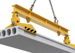 A yellow and black lifting clamp suspended by a chain lifting a precast concrete slab. The clamp is set against a white backdrop.