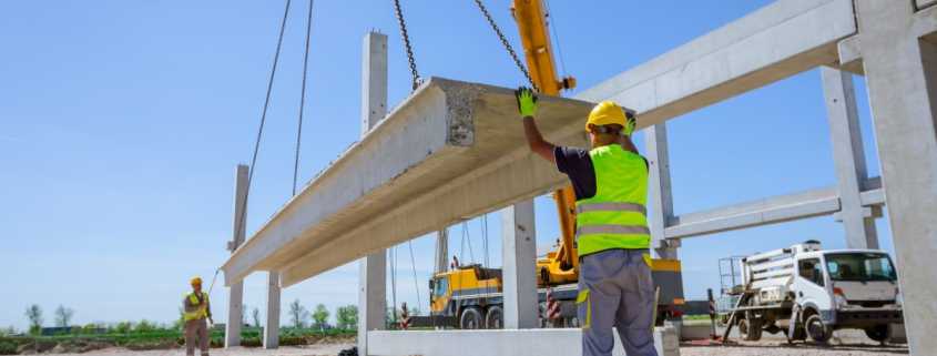 Two construction workers in safety vests and hard hats guiding a crane lifting a large slab of concrete.