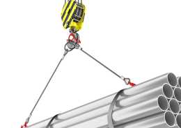 An illustration of a set of sixteen silver pipes being lifted by equipment connected to a system of cords and a pulley.