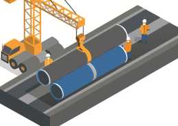 An animated display of two large pipes being lifted by a crane and large machinery, with workers looking on.