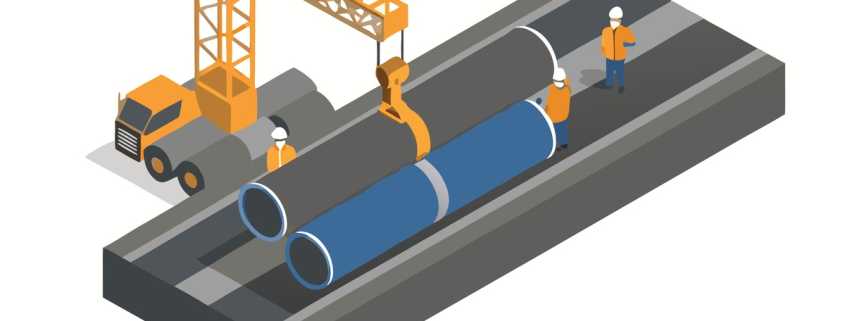 An animated display of two large pipes being lifted by a crane and large machinery, with workers looking on.